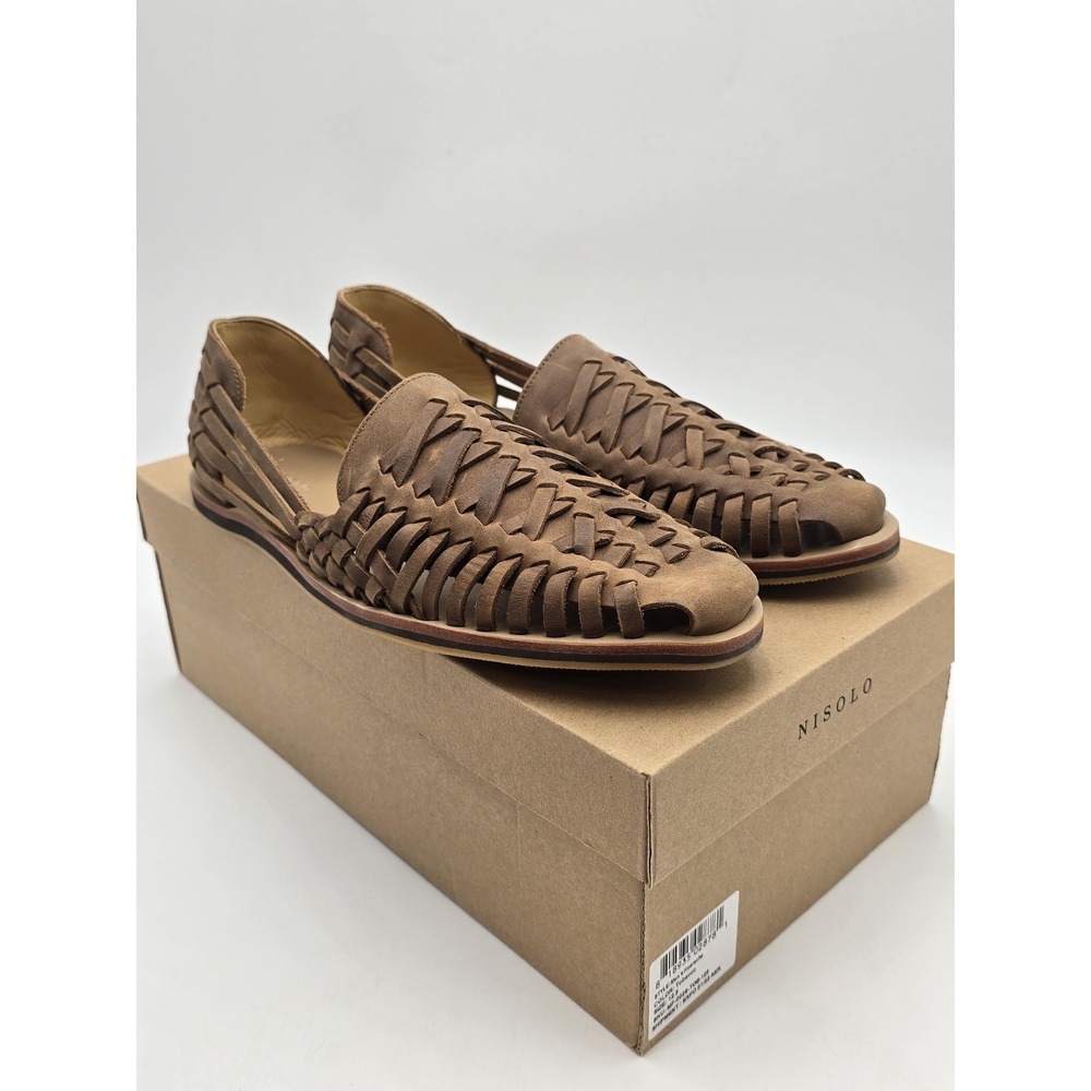 Nisolo Huarache Shoes Mens Size 12.5 Tobacco Brown Leather Woven Slip On Sandals